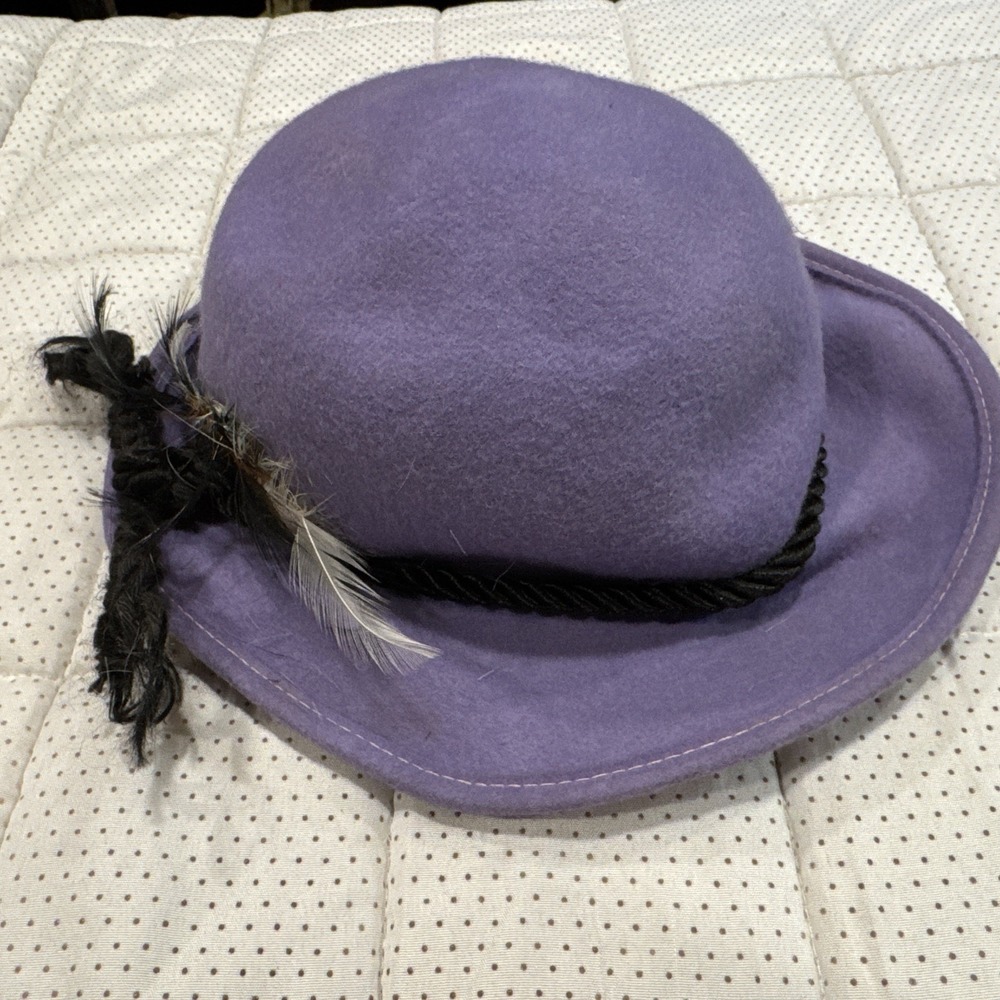 Vintage Lancaster Lavender Felt Hat Feather Band Purple 21" Hat Womens Braid